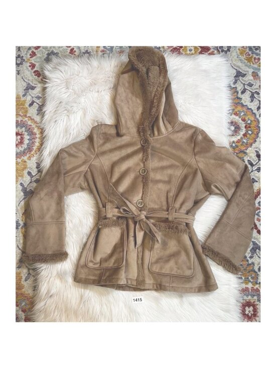 Jones New York Jackets & Blazers - Jones New York Womens Jacket Coat XL Brown Buttons Hooded Faux Fur Trim V Neck